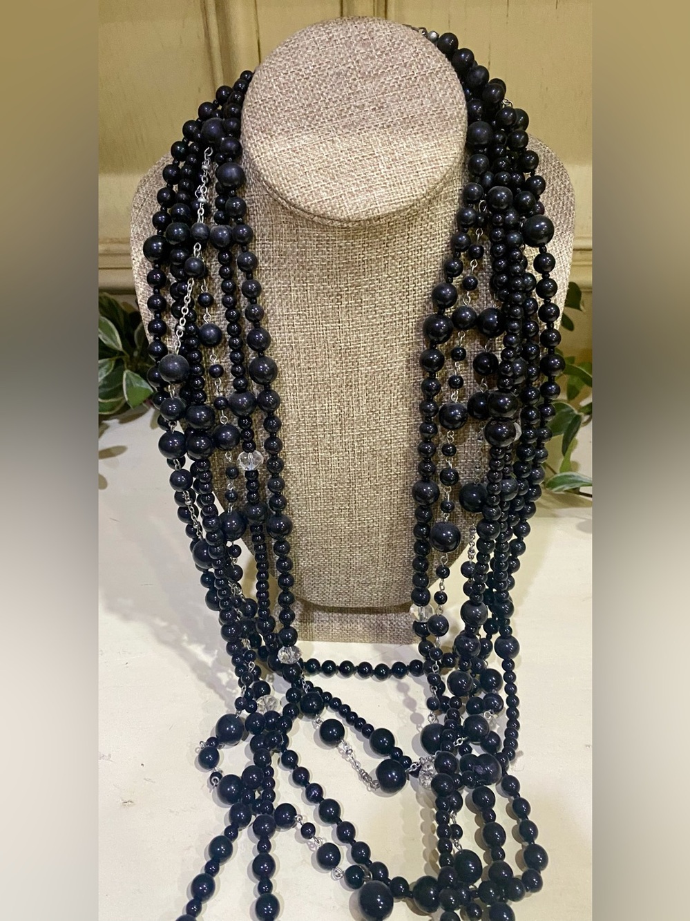 Black Clear Crystal 7 Strand Beaded Statement Necklace Adjustable 14”-19”